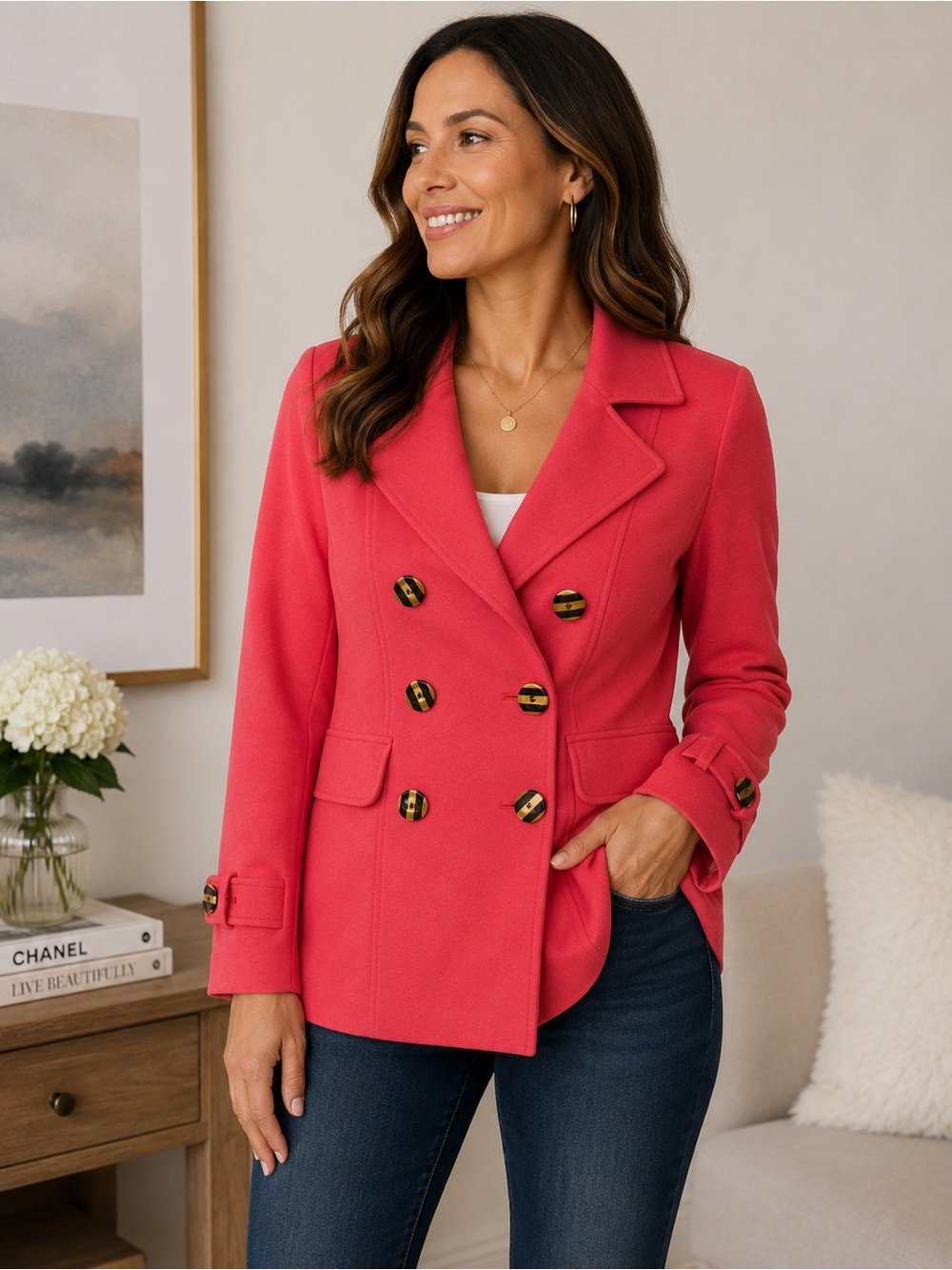 Alfani Coral Pink Double Breasted Blazer Jacket Size 8 Wood Look Buttons